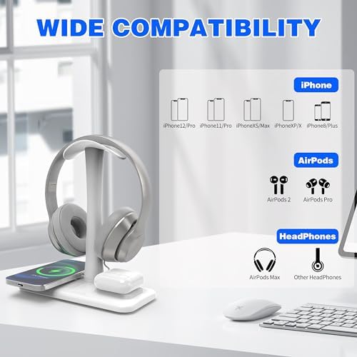 Multifunctional 5 in 1 Headphone Stand & 15 W Fast Wireless Charging Station – Sleek Organizer for i Phone 15/14/13/12/11/XS/XR/X & Air Pods 3/2/Pro/2 – Optimal Desk Solution for Gamers and Professionals – Durable, Clutter-Free Design in Elegant White