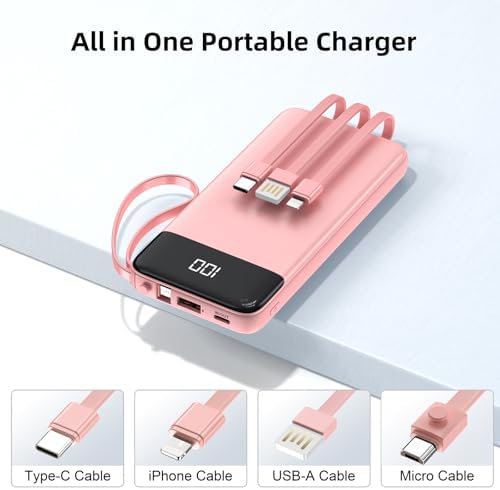 Ultimate 10000 m Ah Portable Power Bank with Built-in Charging Cable and LED Power Indicator – Travel-Ready External Battery Pack for i Phone 16/15, Samsung S22, and Android Devices – Unmatched Compatibility and Rapid Charging for On-the-Go Lifestyles