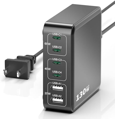MSTJRY 130 W Ga N Charging Station: Compact 6-Port Fast USB-C Charger for Mac Book Pro, i Pad, i Phone 16/15/14/13 Pro Max & Galaxy Devices – Ultimate Multi-Device Power Hub with PD 65 W & 45 W Output, Perfect for Home, Office, and Travel