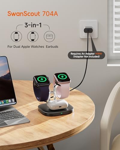 Revolutionize Your Charging Routine with the Swan Scout 3-in-1 Wireless Charging Station – Fast Dual Charger for Apple Watch Ultra 2/10/9 & Air Pods Pro 2/3/2 in Elegant White and Silver – Compact Design, Rapid Power Boosts, and Enhanced Safety Features for Modern Living