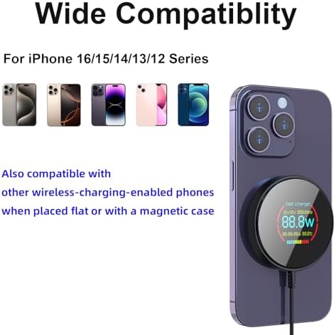 Enhance Your Charging Experience with the Premium 15 W Mag Safe Wireless Charger – LCD Display, Magnetic Fast Charging Pad for i Phone 12-16 Series, Sleek Glass Design, USB-C Port, Perfect for On-the-Go Power Solutions