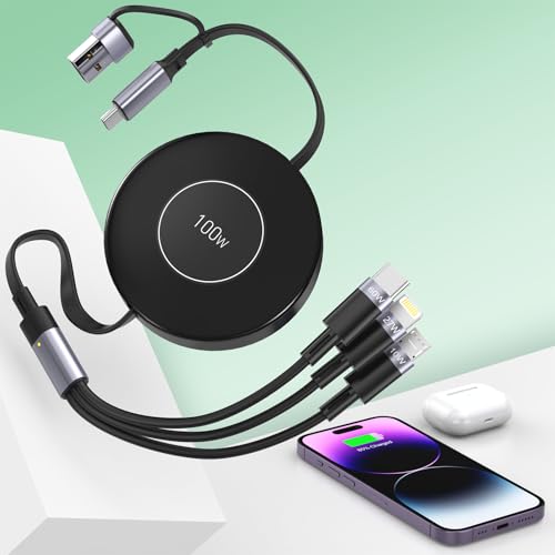 100 W USB C Retractable 5-in-1 Multi-Connector Charging Cable – Fast 100 W PD 5 A Charger for i Phone 15/14/13/12, Samsung S23, i Pad Pro & Mac Book – Versatile, Tangle-Free Design for Home & Travel Use