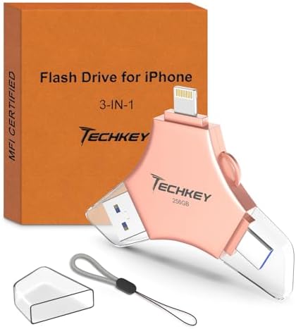 MFi Certified 256 GB 3-in-1 USB 3.0 Flash Drive – Versatile Memory Stick for i Phone, i Pad, Android & PC – Ultra-Fast Data Transfer with Enhanced Security Features – Compact, Lightweight Design for On-the-Go Backup & Sharing – Ideal Photo, Video & File Storage Solution in Elegant Rose Gold