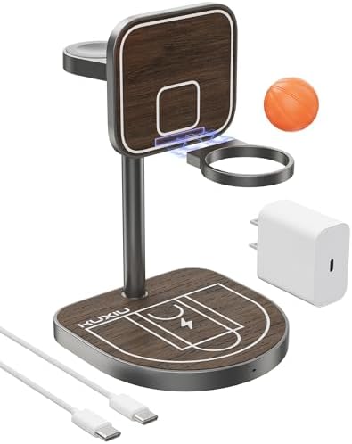 Innovative 3-Point Power 3-in-1 Charging Station for Apple Devices – Sleek Aluminum Alloy Magnetic Wireless Charger Stand with Mini Basketball & Hoop, Perfect for i Phone 16/15/14/13/12, 5 W Apple Watch & Air Pods Charging, Compact Black Design for Enhanced Speed and Style