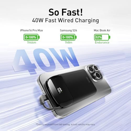 Ultra-Slim 10,000 m Ah Magnetic Power Bank – 40 W Fast Charging Mini Charger for i Phone 16/15 & Samsung Galaxy S25 – Lightweight Ergonomic Design with Built-in USB-C Cable for Seamless On-the-Go Mobile Charging – Unmatched Versatility for Daily Use and Travel Efficiency