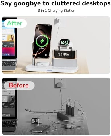Ultimate 5-in-1 Wireless Charging Station with Alarm Clock and Night Light – Sleek Mag-Safe Dock for i Phone 16/15/14/13/12, Apple Watch & Air Pods – Fast Charging & Space-Saving Design for Nightstand Organization