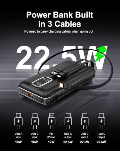 Ultimate 10000 m Ah Portable Power Bank with Built-In USB-C, USB-A & i OS Cables – 22.5 W Fast Charging Power Bank for i Phone 16/15/14/13, Samsung S24/S23/S22/S21, i Pad & More – Lightweight, Airline-Approved Charger for On-the-Go Convenience and Enhanced Device Compatibility