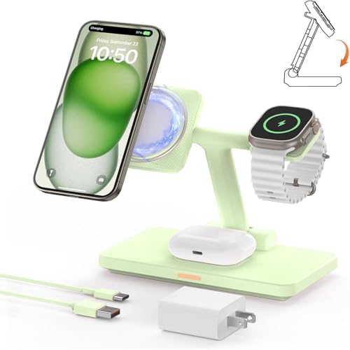 Joy Geek 3-in-1 Foldable Wireless Charging Station for Mag-Safe i Phone – Ultimate Travel Dock for i Phone 12-16 Pro Max, Apple Watch Series 4-10, and Air Pods Pro 2/3/4 – Fast, Compact, and Convenient Power Solution for On-the-Go Charging