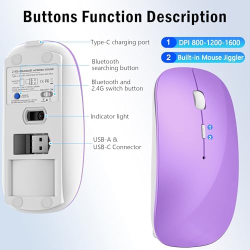 Versatile Wireless Bluetooth Mouse for Mac Book Air, Mac Pro, & i Pad – Sleek Rechargeable Silent Mouse with Dual Connectivity (USB-C & 2.4 G) – Travel-Friendly Jiggler Mice Mover in Stylish Purple – Perfect for Professionals & On-the-Go Users