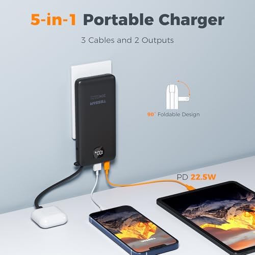TESSAN 10,000 m Ah Portable Charger with Built-In Cables and Fast 20 W Charging – Compact Power Bank with Foldable Wall Plug for i Phone 16/15, Samsung, and Tablets – Essential Travel Companion for Uninterrupted Device Power