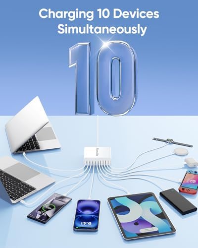 460 W Advanced USB C Charging Hub – 10-Port Fast Charging Station with Ga N III Technology for Mac Book Pro/Air, i Phone, i Pad, Dell, Samsung Galaxy – Dual 65 W Power Adapter for Ultimate Device Versatility – Sleek White Design for Home & Office Efficiency