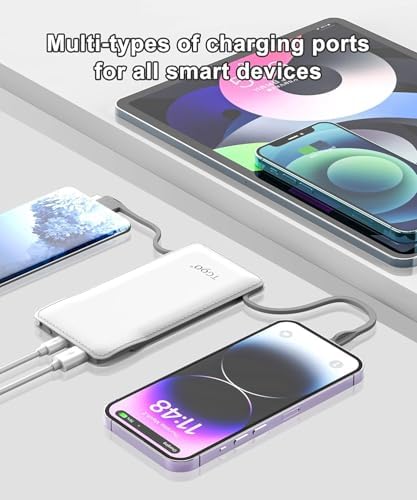 Ultra-Slim 10,000 m Ah TG90° Portable Power Bank with Built-in Lightning and USB-C Cables – Fast Charging, Lightweight Battery Backup for i Phone and Android Devices – Essential On-the-Go Charger for Busy Lifestyles
