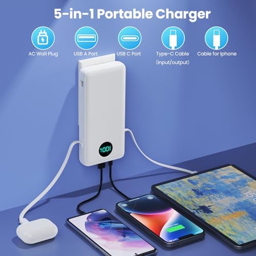 Ultra-High Capacity 33800 m Ah USB C Power Bank with Integrated Cables & AC Wall Adapter – Rapid 25 W Fast Charging with QC 4.0, Multi-Device Support, LCD Battery Status Display for i Phone 16/15, Samsung, Android, and More – Ultimate Portability and Efficiency for On-the-Go Power Solutions