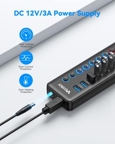 Maximize Your Connectivity with the Wenter 11-Port Powered USB 3.0 Hub – Fast Data Transfer & Smart Charging for Mac and PC Users, Featuring Individual LED Control and Reliable Power Adapter for Enhanced Versatility