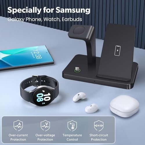3-in-1 Fast Wireless Charging Station for Samsung Devices – Ultra-Compatible Dock for Galaxy S25/S24/S23/Z Fold/Flip, Galaxy Watch Ultra/7/6/5, and Galaxy Buds – Sleek Design with Case-Friendly Charging and Advanced Safety Features – Ideal for Home, Office, and Multi-User Environments – (Black)