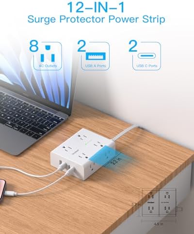Versatile Surge Protector Power Strip with 8 AC Outlets & 4 USB Ports (2 USB-C), 6 Ft Flat Plug Extension Cord, 1080 Joules Safety Rating, Wall Mountable Charging Station for Home, Office, and Dorm – Streamlined Device Management & Fast Charging Enhanced