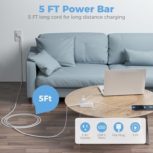 TESSAN 10 FT Flat Plug Extension Cord – Compact Power Strip with 3 Fast-Charging USB Ports (1 USB-C) & 2 AC Outlets – Ideal Multi-Device Charging Station for Dorm Rooms, Home Offices, and Cruise Travel – Sleek Gray Design for Space Efficiency and Modern Aesthetics