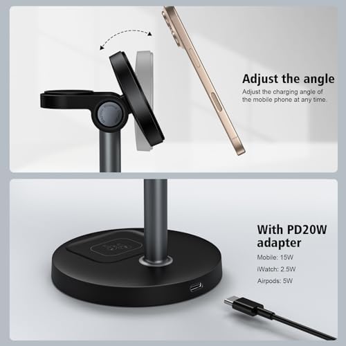 2025 Premium 3-in-1 Wireless Charging Station for i Phone 16/15/14/13/12, Apple Watch 9/Ultra 2, and Air Pods | 20 W Fast Charger with Mag-Safe Alignment, Sleek Black Bedside Dock for Enhanced Device Organization and Efficiency