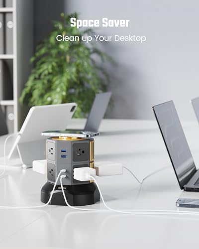 Revolutionize Your Charging Setup with SUPERDANNY Power Strip Tower – 15 W Wireless Charger, 6.5 Ft Retractable Cord, 1050 J Surge Protection, 8 Outlets & 4 USB Ports (2 USB-C) for Ultimate Home and Office Versatility