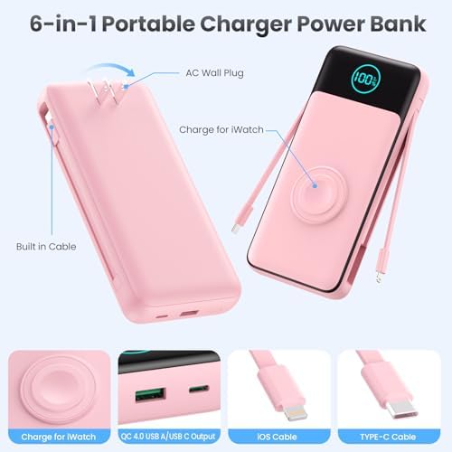 26800 m Ah Ultra-High Capacity Portable Charger with Built-in Cables & AC Wall Plug – 6-in-1 USB-C Power Bank for Fast Charging of i Phone 16/15/14/13/12, Android Devices & Apple Watch – Charge 5 Devices at Once with 25 W PD & Quick Charge Technology – Ideal for Travel, Camping, and Daily Use – Advanced Safety Features for Optimal Performance