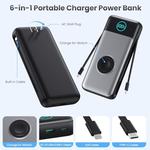 26800 m Ah Ultra-High Capacity Portable Charger with Built-in Cables & AC Wall Plug – 6-in-1 USB-C Power Bank for Fast Charging of i Phone 16/15/14/13/12, Android Devices & Apple Watch – Charge 5 Devices at Once with 25 W PD & Quick Charge Technology – Ideal for Travel, Camping, and Daily Use – Advanced Safety Features for Optimal Performance