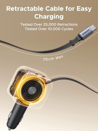 UGREEN 60 W 3-Port Retractable Car Charger with Dual USB-C & USB-A Ports – Rapid Charging Solution for i Phone 16/15, Galaxy S25/S24, i Pad & GPS – Compact Cigarette Lighter Adapter for Enhanced Versatility and Efficiency on the Road