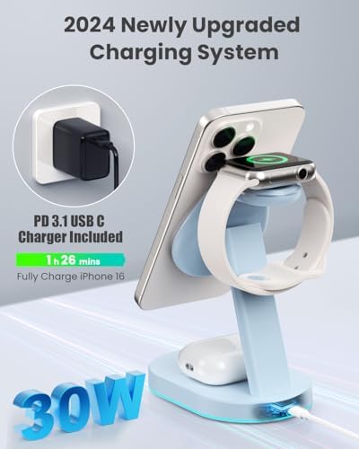 Ultimate 3-in-1 Wireless Charging Station for i Phone, Apple Watch, and Air Pods – Qi2 Certified 15 W Magnetic Charger with 30 W USB-C Adapter & Integrated Night Light – Streamlined Design for i Phone 16/15/14/13/12 – Superior Speed and Enhanced Compatibility for Modern Tech Users