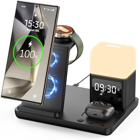 Ultimate 6-in-1 Wireless Charging Station for Samsung Devices – Stylish Purple Design with Alarm Clock and Night Light Functionality – Fast Charging for Galaxy S25/S24/S23 Ultra Series, Galaxy Watch 7/6/5/4, and Galaxy Buds – Ideal for Home or Office Use – Enhanced Safety Features and Adjustable Brightness Settings – Tidy Up Your Space with This Multi-Device Charger – Compatible with USB-C, Perfect for Samsung Users Seeking Convenience and Efficiency – Say Goodbye to Clutter and Hello to Seamless Charging Experience!
