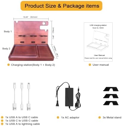 Wooden USB Charging Station for Multiple Devices – Fast Charging Dock with QC3.0 & PD 22.5 W Type-C for i Phone, Samsung, Google Android, Smartwatch, and Earbuds – Perfect Gift for Tech-Savvy Men – Stylish Organization & Enhanced Compatibility
