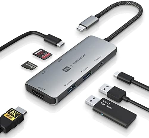 RSHTECH 7-in-1 USB C Hub – Ultimate Multiport Adapter with 8 K HDMI, 10 Gbps USB-C, Dual USB A Ports, 100 W Power Delivery & SD/TF Card Reader – Elevate Your Connectivity and Productivity for Laptops and PCs with Sleek Aluminum Design