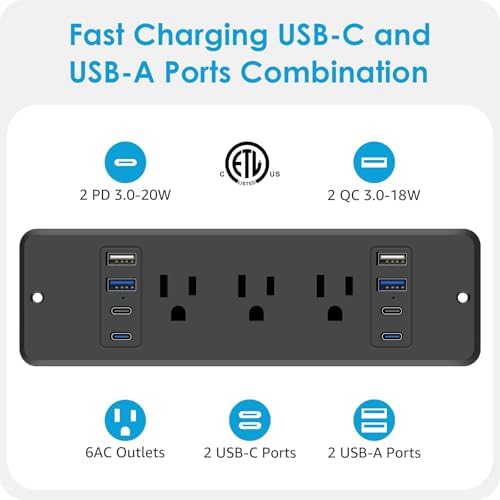 HHSOET 14-in-1 Recessed Power Strip with 20 W Fast Charging: Ultimate Surge Protection and Versatile Connectivity with 6 AC Outlets, 4 USB-A & 4 USB-C Ports, 6 ft Cord for Clutter-Free Charging Solutions in Modern Spaces