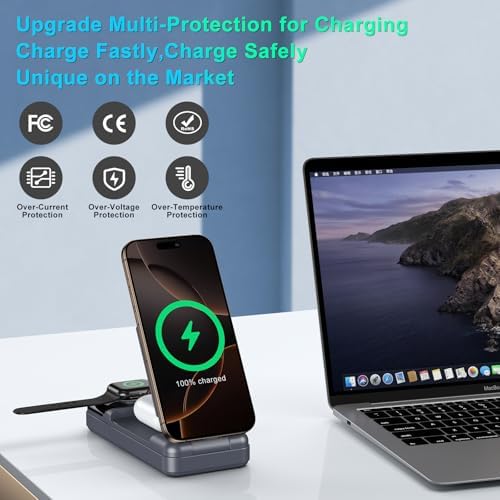 Ultimate 6-in-1 Magnetic Power Bank: 23800 m Ah Wireless Charging Hub with LED Battery Indicator, 22.5 W Fast Charge for i Phone 15/14/13, Apple Watch & Air Pods – Versatile Travel Charging Station with Smart Safety Features & Magnetic Phone Stand for Hands-Free Convenience