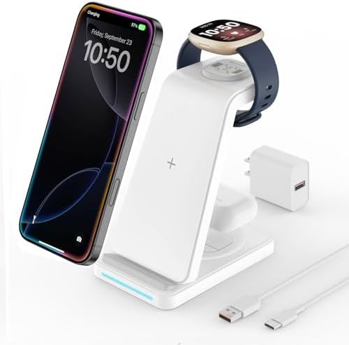 Revolutionize Your Charging Experience with the Joy Geek 3-in-1 Wireless Charger Station for Fitbit Versa 4/3 & Sense 2/Sense – Dual Functionality for Google Pixel Series & Pixel Buds – Fast, Efficient, and Stylish Power Solution in White