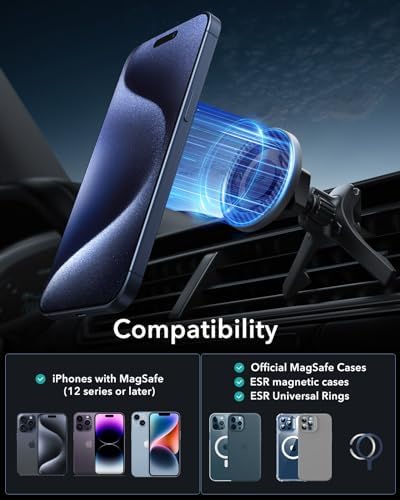 ESR Mag Safe Car Mount – Magnetic Phone Holder for Air Vent & Dashboard, Compatible with i Phone 16/16 e/15/14/13/12, Samsung, and All Smartphones – Includes 2 Metal Rings for Enhanced Stability – Sleek Design for Effortless Driving Experience