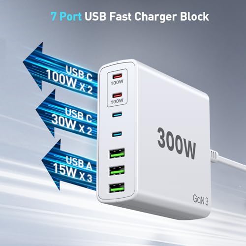 Power Up Efficiently: 300 W 7-Port USB-C Fast Charger Station – Dual PPS PD 100 W Laptop Power Adapter for Multi-Device Charging – Compact & Reliable Wall Hub in Blue – Perfect for Home & Office Use