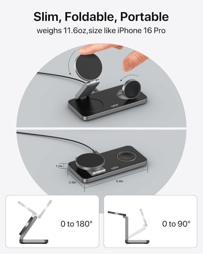 Ultimate 3-in-1 Magnetic Wireless Charging Station for Apple Devices – Fast Mag-Safe Charger Stand for i Phone 16/15/14/13/12, Apple Watch Ultra/SE/10/9/8/7/6/5/4, and Air Pods Pro/4/3/2 (Black & Gray) – Unmatched Compatibility and Speed with Intelligent Safety Features Experience the pinnacle of charging convenience with our sleek, foldable 3-in-1 wireless charging station, engineered to power your i Phone, Apple Watch, and Air Pods simultaneously. Enjoy rapid 15 W charging with seamless Mag Safe alignment, specifically tailored for the latest i Phone models. Designed for versatility, this charger is also Qi-compatible, ensuring it works flawlessly with all your wireless devices. Safety is paramount; our multi-intelligent protection system safeguards against over-voltage, over-current, and overheating, extending your device’s battery lifespan. The adjustable and compact design makes it an ideal travel companion, allowing you to find your perfect viewing angle while saving space. Included are a 20 W USB-C PD charger and a 3 ft USB-C cable, ensuring you have everything for optimal performance. Elevate your charging experience today!