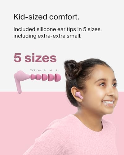 Belkin Sound Form Nano 2 Kids Bluetooth Earbuds – Safe Listening at 85 d B, 28-Hour Playtime, IPX5 Water-Resistant Design, Built-in Microphone for Clear Communication – Perfect for i Phone, i Pad, Galaxy – Stylish and Durable Pink Earbuds for Young Music Lovers