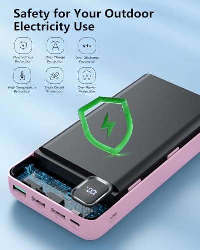 50000 m Ah Portable Power Bank with Built-in Cables – Multi-Device Charging Hub with 20 W PD Fast Charge, LED Power Indicator, and Safety Features (Pink) for Ultimate On-the-Go Energy Solutions