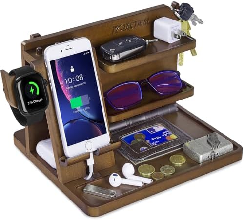 Nightstand Organizer, Wood Phone Docking Station with Adjustable Rack, Bedside Desk Organizer, EDC Tray for Men, Dads, Husbands – Ideal for Anniversaries and Birthdays – Dark Brown – Enhanced Compatibility and Speed Nightstand Organizer, Wood Phone Docking Station with Adjustable Rack, Bedside Desk Organizer, EDC Tray for Men, Dads, Husbands – Ideal for Anniversaries and Birthdays – Dark Brown – Enhanced Compatibility and Speed