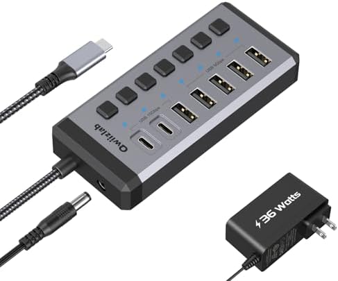 Transform Your Digital Workspace with the Qwiizlab 36 W USB3.2 Hub – Ultimate 7-Port Aluminum Multiport Expander for Enhanced High-Speed Connectivity, Featuring Dual USB-C 10 Gbps and USB-A 10 Gbps Ports for Effortless Data Transfers on Laptops, Macs, Surface Pros, and Desktop PCs – Optimize Your Productivity with This Power-Packed Connectivity Solution