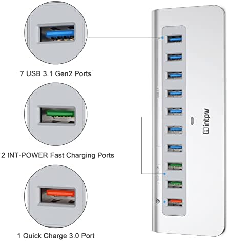 Ultimate 10-Port USB Hub 10 Gbps – Powered Aluminum Data Hub with 7 USB 3.1 Ports & 3 Fast Charging Ports for Mac, PC, and Laptop – 36 W Power Adapter Included, Type A & C Connectivity for Enhanced Performance and Speed