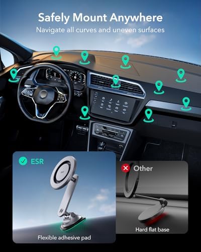 ESR Mag Safe Car Mount – Magnetic Phone Holder for Air Vent & Dashboard, Compatible with i Phone 16/16 e/15/14/13/12, Samsung, and All Smartphones – Includes 2 Metal Rings for Enhanced Stability – Sleek Design for Effortless Driving Experience
