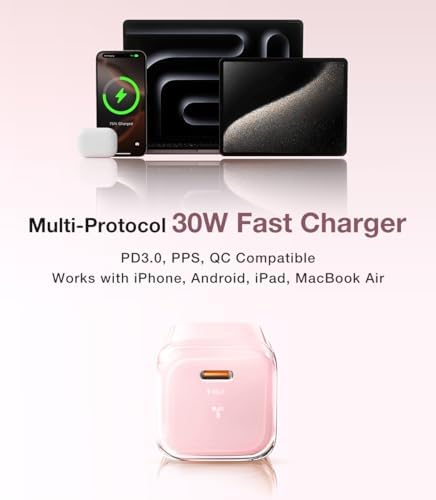 Ultra-Fast TORRAS Icenano 30 W USB-C Charger Block – PD 3.0 Compatible Wall Adapter with 5.5 ft Cable, Stylish Crystal Pink Design, Low-Temperature Operation for Safe Charging of i Phone 16/15 & Mag Safe – Perfect for Travel and Home Use