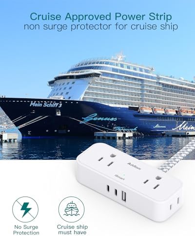 Cruise Power Hub: 6 Ft Flat Plug Travel Extension Cord with 4 AC Outlets & 3 USB Ports (2 USB-C) – Essential Compact Charger for Seamless Cruise Ship Connectivity and Convenience