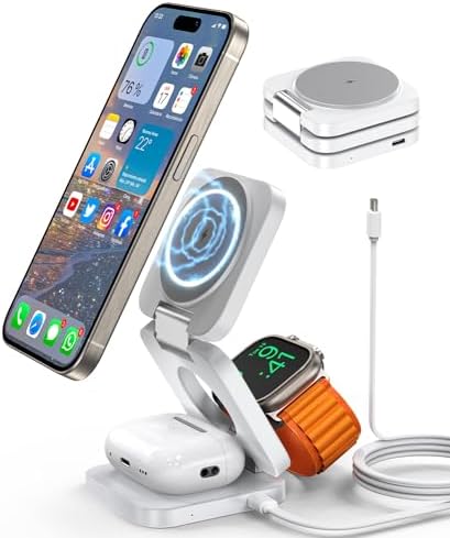 Magnetic 3-in-1 Wireless Charging Station for i Phone 15/14/13/12 Pro Max, Apple Watch 9/8/7/6/5/4/3/2 SE, and Air Pods Pro 3/2 – Fast, Portable, and Stylish Charger for All Your Apple Devices (Black) – Ultimate Charging Convenience with Enhanced Compatibility and Foldable Design