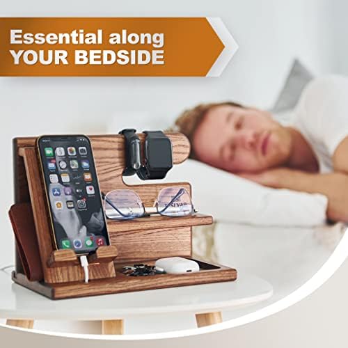TESLYAR Wood Phone Docking Station for Men – Desktop or Nightstand Organizer – Birthday Gifts for Men, Dad – Anniversary Idea from Wife – Key Holder, Stand Wallet, Watch & Essentials (Antique Brown) – Enhanced Compatibility and Speed