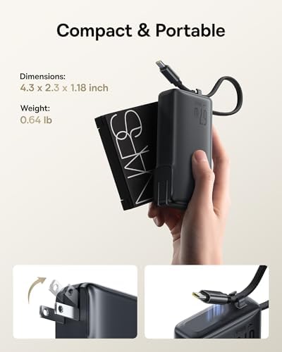 Baseus Nomos 3-in-1 Power Bank: 67 W Fast Charging with Foldable Wall Plug & 10,000 m Ah Capacity – Ultimate Travel Charger with Built-in USB-C Cable for i Phone 16/15, Samsung, Mac Book & Laptops – Unmatched Compatibility & Speed on the Go