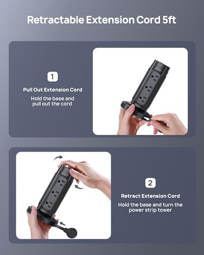 TROND Power Strip Tower with Retractable Design – 5 ft Flat Plug Extension Cord Featuring 5 AC Outlets and 20 W USB-C Fast Charging Ports, 1700 Joules Surge Protection for Home Office and Dorm Room Efficiency – Ultimate Connectivity Solution