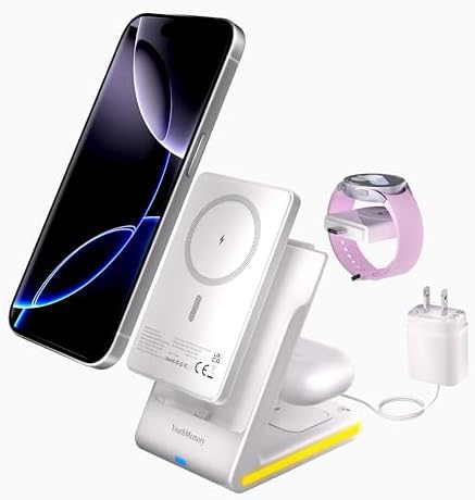 3-in-1 Magnetic Wireless Charging Station for i Phone & Samsung – Portable 5000 m Ah Power Bank, Multi-Device Charger for Apple Watch, Galaxy Watch & Air Pods – Fast Charging with Safety Features – Ideal for Home & Travel