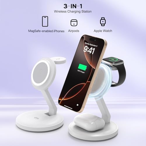 Ultimate 3-in-1 Foldable Magnetic Wireless Charging Station for i Phone, Apple Watch & Air Pods – 15 W Fast Charge Compatible with i Phone 16/15/14/13/12, Apple Watch Ultra/SE, Air Pods Pro – Compact, Portable Design with Safety Features for Home & Travel